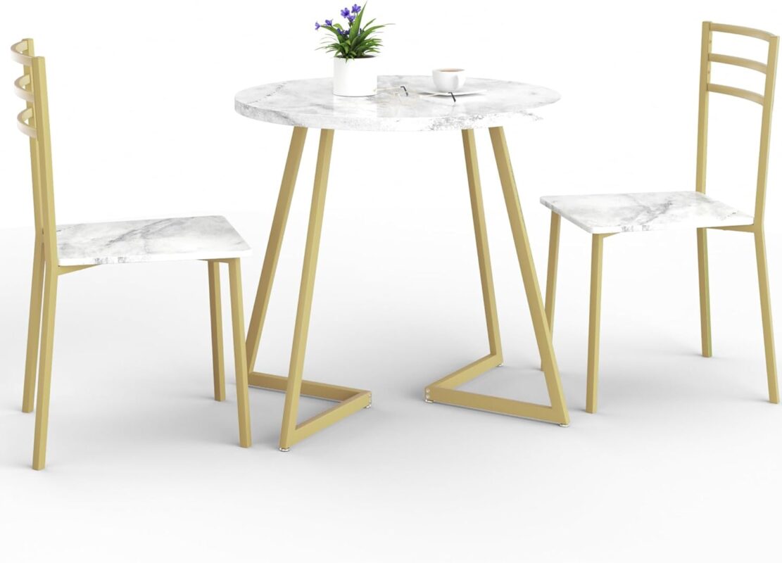Small Round Dining Table Set for 2, Wood Tabletop with Strong Metal Frame, Modern Dinette with Chairs for Kitchen, Breakfast Nook Living Room, White & Gold