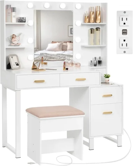 Makeup Vanity Desk Vanity Set with 10 LED Bulbs Lighted Mirror Makeup Vanity Table Set with Charging Station Nightstand 3 Colors
