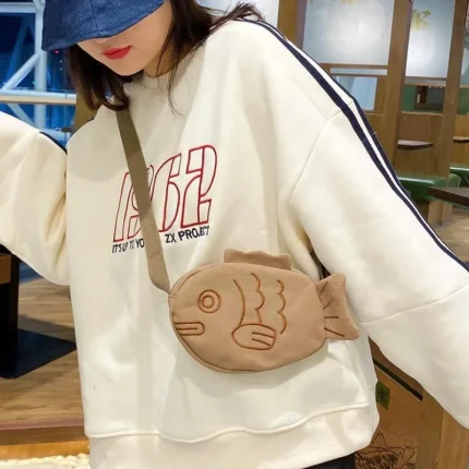 Cute Canvas Messenger Bag Korean Style Embroidery Creative Cartoon Ugly Fish Shape Shoulder Bag for Women Purse Messenger Bags