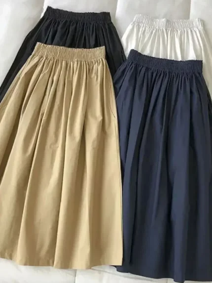 Fashion Women Pockets Pleated Knee Length Skirts Solid Color Casual Elegant High Waist A Line Woman Skirts 2024 New Skirt Ladie
