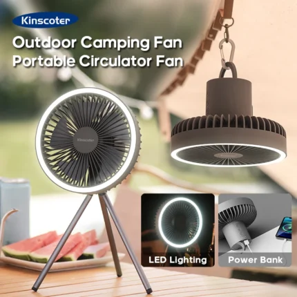 Rechargeable Camping Fan with LED Light & Power Bank – Portable