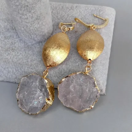 YYGEM Natural Clear Quartz Rough Raw Coin Shape Gold Plated Brushed Bead Dangle lever back Earrings