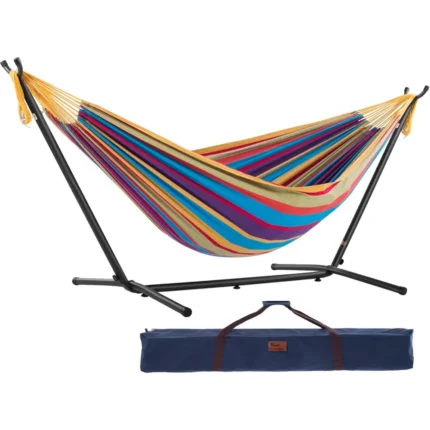 Double Cotton Hammock with Space Saving Steel Stand, Upgraded Polyester End Strings 450 lb Capacity - Premium Carry Bag