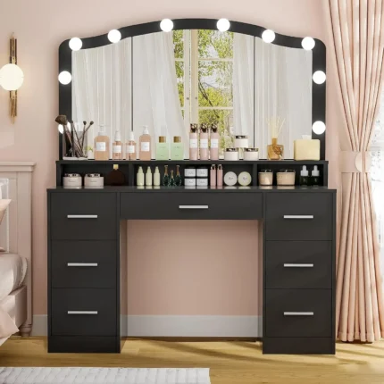 2024 NEW 43.3" Vanity Desk with Large Lighted Mirror, Makeup Vanity Table with 7 Drawers & 10 Lights Bulbs, 3 Lighting Colors