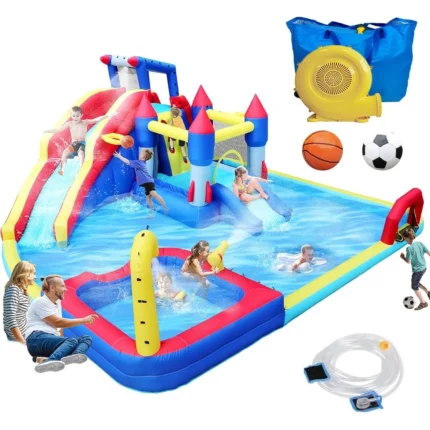 Outdoor Inflatable Water Slide, Water Park Bounce House with 650W Blower, Dual Splash Pool, Water Cannon, Basketball & Soccer
