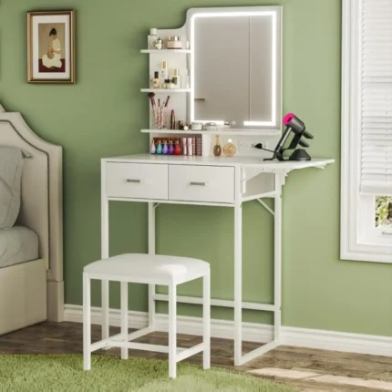 Makeup Vanity Desk with Mirror and Lights, Small Vanity with Fabric Storage Drawer & Chair & Shelves, White Vanity with Fold-Up