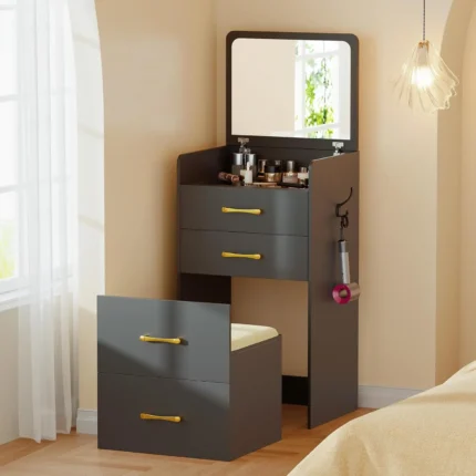 3 in 1 Vanity Desk with Plip Top Mirror,Compact Makeup Vanity with 3 Drawers,Cushioned Tool,Dressing Table for Bedroom,Small