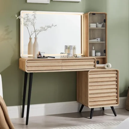 Fluted Makeup Vanity Desk with Large 35" HD Lighted Mirror, 48" Mid Century Modern Glass Top Vanity Table with 5 Drawers & Adjus