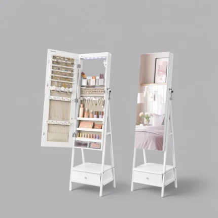 SONGMICS LED Mirror Jewelry Armoire – Lockable Cabinet with Space-Saving Bottom Drawer & Organizer