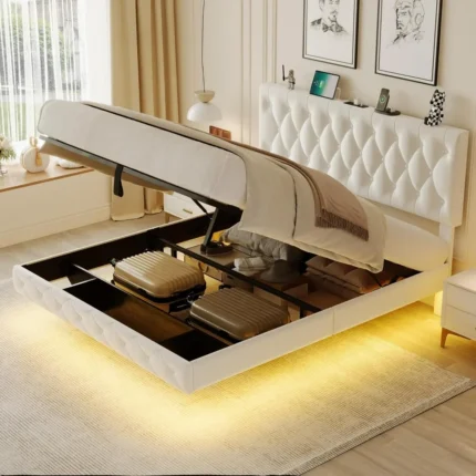 Lift Up Storage Bed Frame, with Adjustable Headboard/LED Lights/Charging Station/Outlet, Velvet Upholstered Tufted Platform Bed