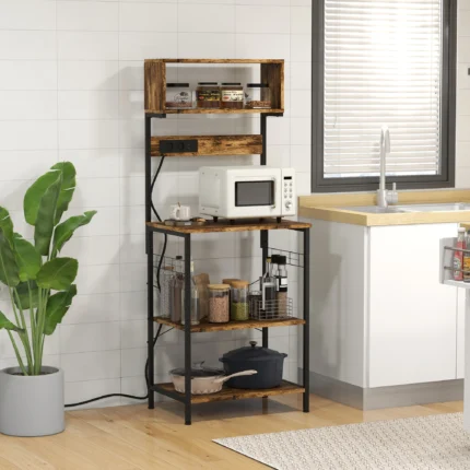 Homcom Baker's Rack with Power Outlet, USB Charger, Microwave Stand, Brown