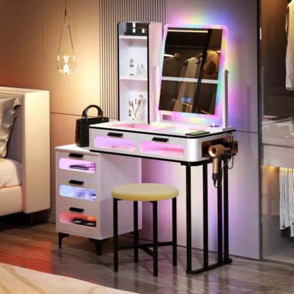 Dressing table with mirror and light, Dressing table set with USB charging station, Makeup table with upholstered stool
