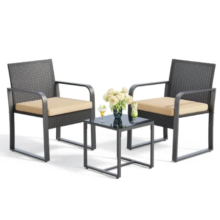 Outdoor 3-Piece Rattan Patio Furniture Set – Glass Coffee Table & Gray Cushions for Yard, Garden & Porch