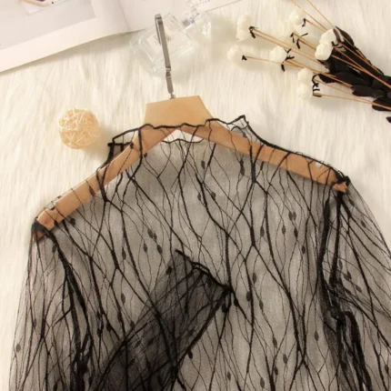 Women’s Sheer Lace Mesh T-Shirt – Long Sleeve Lightweight Summer Blouse, High Neck Transparent Top