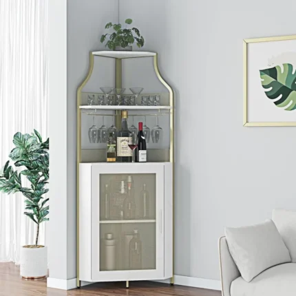Corner Bar Cabinet, Wine Bar Cabinet with Glass Holder and Large Storage Space, Corner Liquor Cabinet with Mesh Door