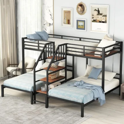Harper & Bright Metal Triple Bunk Bed with Stairs – Space-Saving Twin Over Twin Bed with Storage Shelves