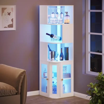 Corner Wine Cabinet with LED Lights & Glass Holder, Corner Bar Cabinet with Tempered Glass Door & Adjustable Shelves