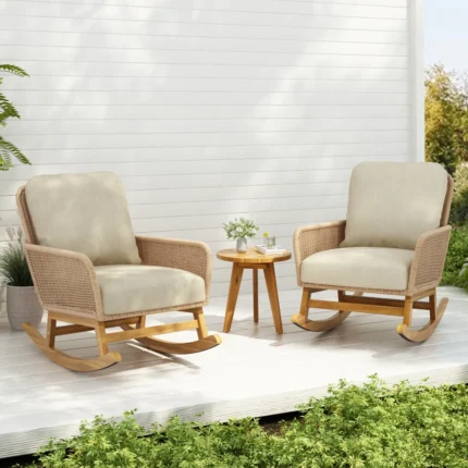 Modern 3-Piece Outdoor Seating Set with Beige Cushioned PE Rattan Rocking Chairs and Wooden Accent Table, Perfect for Patio