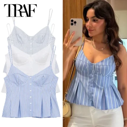 TRAF Striped Slip Top Women Summer 2025 Sexy Crop Corset Tanks & Camis Sleeveless Backless Top For Woman Fashion Casual Camisole