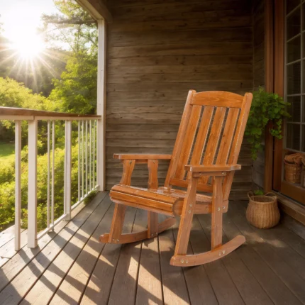 Teak color fir vertical stripe back comfortable wooden rocking chair